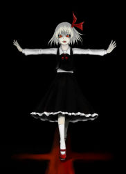 Rule 34 | 1girl, black background, blouse, collared shirt, dark, darkness, embodiment of scarlet devil, fangs, female focus, hair ribbon, monochrome, outstretched arms, red eyes, ribbon, rumia, sawa (textic), shirt, short hair, solo, spot color, spread arms, touhou, white shirt