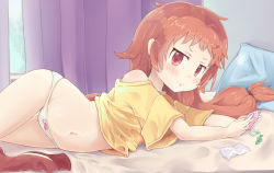 Rule 34 | 1girl, bed, bedroom, blush, bow, bow panties, brown eyes, brown hair, candy, curtains, food, handheld game console, indoors, long hair, low-tied long hair, lying, navel, no pants, off shoulder, on side, panties, pillow, playing games, pout, princess connect!, rin (princess connect!), rin (real) (princess connect!), shirt, short sleeves, solo, spectra, thigh gap, thighs, underwear, white panties, window, yellow shirt