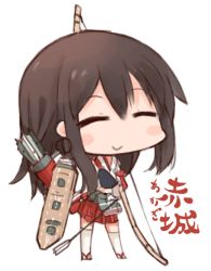 Rule 34 | 10s, 1girl, akagi (kancolle), arrow (projectile), blush stickers, bow (weapon), brown hair, chibi, closed eyes, faux traditional media, kantai collection, kotatu (akaki01aoki00), long hair, muneate, simple background, smile, solo, translation request, weapon, white background