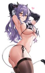Rule 34 | 1girl, animal print, ass, bare shoulders, bikini, breasts, come hither, cow horns, cow print, cow print bikini, cow tail, from below, gloves, highres, hiiragi shinoa, horns, huge ass, large breasts, long hair, looking at viewer, mo:oku, naughty face, orange eyes, owari no seraph, print bikini, purple hair, shiny clothes, shiny skin, smile, solo, swimsuit, tail, thick thighs, thighhighs, thighs
