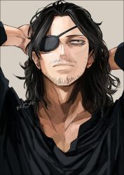 Rule 34 | 1boy, arms behind head, black eyes, black hair, black shirt, boku no hero academia, collarbone, eraser head (boku no hero academia), eyepatch, facial hair, grey background, long hair, long sleeves, male focus, mkm (mkm storage), parted bangs, portrait, shirt, signature, simple background, solo, spoilers, stubble