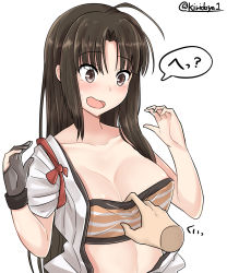 Rule 34 | 1girl, absurdres, ahoge, areola slip, blush, bra, bra pull, breasts, brown hair, clothes pull, collarbone, gloves, grey gloves, highres, japanese clothes, kantai collection, kiritto, long hair, medium breasts, open clothes, open mouth, purple eyes, short sleeves, shouhou (kancolle), simple background, single glove, solo, sweatdrop, twitter username, underwear, upper body, white background