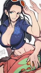 Rule 34 | 1girl, artist name, black hair, blue eyes, blush, breasts, cleavage, collarbone, extra arms, eyewear on head, fingernails, grey background, hana hana no mi, hands up, hata4564, highres, large breasts, long hair, looking at viewer, midriff, navel, nico robin, one piece, simple background, smile, solo, sunglasses, sweat