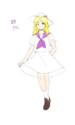 Rule 34 | 1girl, absurdres, arm behind back, blonde hair, blouse, brown footwear, closed mouth, commentary request, derivative work, full body, hat, highres, korean commentary, kuya (hey36253625), loafers, louise (touhou), low twintails, medium hair, mystic square, necktie, one eye closed, purple necktie, purple sailor collar, sailor collar, shirt, shoes, short sleeves, simple background, skirt, smile, smirk, standing, sun hat, touhou, touhou (pc-98), translation request, twintails, white background, white hat, white legwear, white shirt, white skirt, yellow eyes