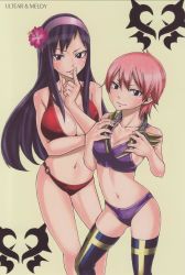 Rule 34 | 2girls, bikini, blush, breasts, character name, cleavage, fairy tail, finger to mouth, flower, hairband, highres, large breasts, long hair, mashima hiro, meredy (fairy tail), midriff, multiple girls, navel, pink hair, purple eyes, purple hair, short hair, small breasts, swimsuit, thighhighs, ultear milkovich