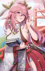 Rule 34 | 1girl, animal ears, blue sky, book, breasts, cherry blossoms, cloud, detached sleeves, earrings, expulse, floppy ears, fox ears, genshin impact, grass, highres, holding, holding book, japanese clothes, jewelry, long hair, low-tied long hair, miko, mitsudomoe (shape), obiage, obijime, outdoors, pink hair, priestess, purple eyes, side slit, sideboob, sky, solo, tomoe (symbol), wide sleeves, yae miko