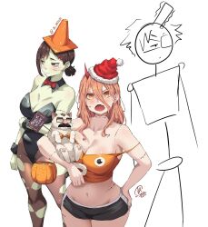 1boy 2girls black_leotard black_shorts blonde_hair bow bowtie breasts brown_eyes brown_hair brown_pantyhose camisole cat chainsaw chainsaw_man cleavage colored_skin crop_top cross-shaped_pupils demon_girl demon_horns denji_(chainsaw_man) detached_collar green_skin hair_between_eyes halloween_bucket hat higashiyama_kobeni highres horns jk_arts large_breasts leotard meowy_(chainsaw_man) micro_shorts midriff multiple_girls navel open_mouth orange_camisole orange_eyes pantyhose pochita_(chainsaw_man) power_(chainsaw_man) red_bow red_bowtie red_horns santa_hat short_ponytail shorts simple_background stitched_face stitches strapless strapless_leotard symbol-shaped_pupils torn_clothes torn_pantyhose traffic_cone_on_head white_background wrist_cuffs zombie_costume