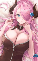 Rule 34 | 1girl, absurdres, bare shoulders, bed sheet, blue eyes, braid, breasts, cleavage, cleavage cutout, closed mouth, clothing cutout, draph, granblue fantasy, hands up, highres, horns, huziko32, large breasts, long hair, looking at viewer, lying, narmaya (granblue fantasy), on back, on bed, pink hair, sleeveless, smile, solo, upper body, very long hair