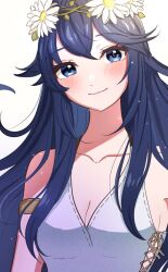 Rule 34 | 1girl, armlet, bare shoulders, blue eyes, blue hair, blush, brand of the exalt, breasts, cleavage, closed mouth, collarbone, dress, fire emblem, fire emblem awakening, fire emblem heroes, flower, gmais2514, hair flower, hair ornament, long hair, lucina (fire emblem), lucina (valentine) (fire emblem), nintendo, official alternate costume, sleeveless, sleeveless dress, small breasts, smile, solo, symbol in eye, upper body, white background, white dress