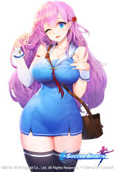 Rule 34 | 1girl, bare shoulders, black thighhighs, blue dress, blue eyes, blush, breasts, character request, cleavage, collarbone, copyright name, dress, earrings, hair between eyes, hand in own hair, hand on own chest, head tilt, jewelry, large breasts, light purple hair, long hair, looking at viewer, official art, one eye closed, parted lips, sailor collar, simple background, skindentation, smile, snowball22, soccer spirits, solo, standing, thighhighs, white background, white sailor collar, wrist cuffs
