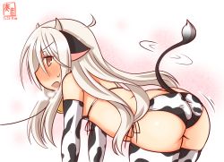 Rule 34 | 1girl, all fours, alternate costume, anal tail, animal ears, animal print, artist logo, bell, bikini, breath, brown eyes, commentary request, cow ears, cow horns, cow print, cow tail, cowbell, cowboy shot, dated, fake animal ears, fake horns, fake tail, front-tie top, gloves, heart, heart-shaped pupils, horns, kanon (kurogane knights), kantai collection, kikuzuki (kancolle), long hair, micro bikini, one-hour drawing challenge, simple background, solo, swimsuit, symbol-shaped pupils, tail, white background, white bikini, white gloves, white hair