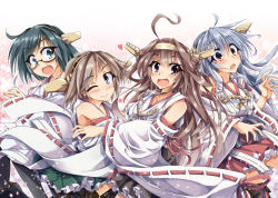 Rule 34 | 10s, 4girls, :d, ;), ahoge, aqua eyes, armpits, black hair, blue hair, blush, brown eyes, brown hair, detached sleeves, frilled skirt, frills, glasses, hairband, haruna (kancolle), heart, hiei (kancolle), japanese clothes, kantai collection, kirishima (kancolle), kongou (kancolle), looking at viewer, multiple girls, nontraditional miko, one eye closed, open mouth, pantyhose, personification, red eyes, ribbon-trimmed sleeves, ribbon trim, siblings, sisters, skirt, smile, syuutu, thighhighs, wide sleeves, wink
