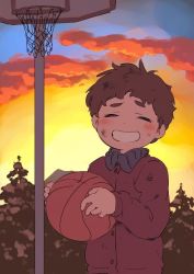 Rule 34 | 1boy, ball, basketball, basketball hoop, be (ronironibebe), brown hair, clyde donovan, closed eyes, holding, holding ball, jacket, male focus, orange sky, red jacket, short hair, sky, smile, solo, south park