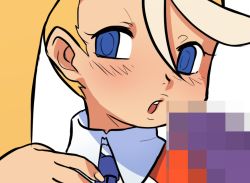 Rule 34 | 1girl, blonde hair, blue eyes, blush, call (mighty no. 9), call e, censored, close-up, fringe trim, lilirulu, long hair, mighty no. 9, mosaic censoring, necktie, open mouth, side ponytail, solo, unfinished
