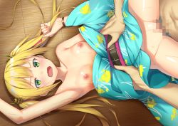 Rule 34 | 1boy, 1girl, :o, alexmaster, armpits, belt, blonde hair, blue kimono, blush, breasts, censored, clothed female nude male, clothed sex, fennel (flower knight girl), floral print, flower knight girl, game cg, green eyes, hair ornament, hetero, japanese clothes, kimono, long hair, lying, medium breasts, missionary, mosaic censoring, nipples, nude, official art, on back, open mouth, penis, print kimono, sex, shiny skin, spread legs, sweat, torso grab, twintails, vaginal, wide spread legs