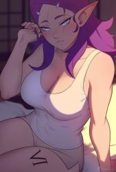 Rule 34 | 1girl, adjusting hair, artist name, blind, blurry, blurry background, blush, breasts, collarbone, commentary, dolphin shorts, elledara (razalor), grey eyes, grey shorts, indoors, leg tattoo, long hair, looking at viewer, medium breasts, original, parted bangs, pointy ears, purple hair, razalor, scar, scar across eye, shorts, sitting, solo, symbol-only commentary, tank top, tattoo, thighs, white tank top