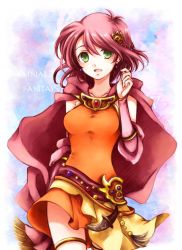 Rule 34 | 1girl, breasts, cape, copyright name, dress, earrings, final fantasy, final fantasy v, green eyes, hair ornament, jewelry, lenna charlotte tycoon, looking at viewer, open mouth, pink hair, shirokuroma 29, short hair, smile, solo, square enix, theatrhythm final fantasy