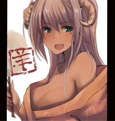 Rule 34 | 1girl, :d, animal ears, aqua eyes, bare shoulders, blush, breasts, cleavage, dark skin, dark-skinned female, dyson (edaokunnsaikouya), fang, horns, japanese clothes, kimono, kimono pull, large breasts, long hair, looking at viewer, mole, mole under eye, nengajou, new year, open mouth, original, pillarboxed, sheep ears, sheep horns, smile, solo, upper body