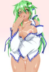 Rule 34 | &gt; &lt;, 1girl, bad id, bad pixiv id, bare shoulders, blush, bottomless, breasts, cleavage, closed eyes, detached collar, frog hair ornament, green eyes, green hair, groin, hair ornament, heart, heart-shaped pupils, kochiya sanae, kokujuuji, large breasts, long hair, long sleeves, looking at viewer, matching hair/eyes, naked shirt, nipples, no bra, open clothes, open mouth, open shirt, pussy, saliva, shirt, snake hair ornament, solo, sweat, symbol-shaped pupils, tan, tanline, tears, touhou, very long hair, wide sleeves