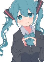 Rule 34 | 1girl, absurdres, blue eyes, blue hair, blush, bow, bowtie, cardigan, collared shirt, frown, hair ornament, hatsune miku, highres, index fingers together, long hair, long sleeves, looking at viewer, nail polish, nbjdnhgfm, school uniform, shirt, sleeves past wrists, solo, twintails, upper body, vocaloid