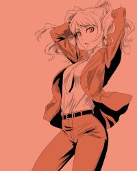 Rule 34 | 1girl, androgynous, arms behind head, atlus, belt, breasts, crossdressing, earrings, female focus, formal, gintama, highres, hip focus, jewelry, kujikawa rise, long twintails, looking at viewer, monochrome, necktie, open mouth, pant suit, pants, parody, persona, persona 4, red eyes, red theme, reverse trap, small breasts, solo, standing, suit, twintails, uzu hi