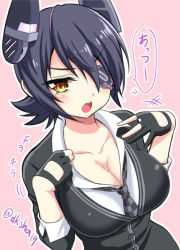 Rule 34 | 10s, 1girl, :o, black hair, blush, breasts, cardigan, cleavage, eyepatch, fingerless gloves, gloves, headgear, hot, kantai collection, kase daiki, large breasts, looking at viewer, necktie, pink background, solo, tenryuu (kancolle), twitter username, upper body, yellow eyes