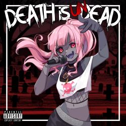 Rule 34 | 1girl, absurdres, album cover, colored skin, cover, graveyard, highres, holding, holding microphone, hololive, hololive english, kokagremlin, long hair, looking at viewer, microphone, mori calliope, mori calliope (streetwear), multicolored hair, open mouth, parental advisory, patchwork skin, pink eyes, pink hair, rapping, smile, solo, stitches, tombstone, virtual youtuber, zombie