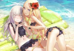 Rule 34 | 2girls, abigail williams (fate), all fours, ass, bandeau, bare shoulders, barefoot, beach, bikini, bikini skirt, black bikini, blonde hair, breasts, butterfly hair ornament, day, fate/grand order, fate (series), feet, flower, frilled bikini, frills, from side, hair flower, hair ornament, hibiscus, highres, holding hands, interlocked fingers, lavinia whateley (fate), light purple hair, long hair, looking at viewer, lying, multiple girls, navel, on back, outdoors, parted bangs, purple eyes, redjuice, small breasts, swimsuit, very long hair, wet, wide-eyed