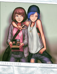 Rule 34 | 2girls, animal print, arm around shoulder, arm at side, arm up, arms at sides, bag, black bra, blue eyes, blue hair, blue pants, bob cut, bra, bra peek, brown hair, bullet, bullet necklace, camera, chloe price, closed mouth, cowboy shot, deer print, denim, freckles, friends, happy, highres, holding, holding camera, hood, hooded jacket, jacket, jeans, jewelry, jungon kim, life is strange, lips, long sleeves, looking at another, looking at viewer, looking to the side, max caulfield, multiple girls, necklace, one eye closed, pants, parted lips, photo (object), pink shirt, polaroid, print shirt, shirt, short hair, shoulder bag, side-by-side, smile, strap, tank top, torn clothes, torn jeans, torn pants, underwear, white shirt