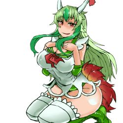 Rule 34 | 1girl, adapted costume, blush, boots, breasts, cleavage, covered navel, cross-laced footwear, detached sleeves, ex-keine, from side, green footwear, green hair, hands on own chest, heiseikorotaisei, horn ornament, horn ribbon, horns, huge breasts, kamishirasawa keine, kneeling, lace-up boots, long hair, looking at viewer, looking to the side, multicolored hair, neckerchief, parted lips, red eyes, red ribbon, revealing clothes, ribbon, sidelocks, smile, solo, tail, thighhighs, touhou, two-tone hair, white thighhighs