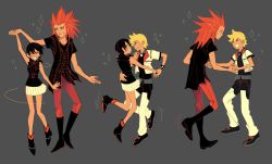 Rule 34 | 1girl, 2boys, alternate costume, arm around waist, black hair, dancing, eye contact, closed eyes, ginkoseed, grey background, holding hands, highres, jacket, kingdom hearts, kingdom hearts iii, lea (kingdom hearts), looking at another, multiple boys, open mouth, red hair, roxas, short hair, skirt, sleeveless, smile, spiked hair, spoilers, xion (kingdom hearts)