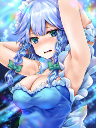 Rule 34 | 1girl, armpits, arms up, bare arms, bare shoulders, blue eyes, blush, bow, braid, breasts, cleavage, commentary request, frills, green bow, hair bow, izayoi sakuya, kaeranu kaeru, large breasts, looking at viewer, maid headdress, nose blush, open mouth, short hair, silver hair, sleeveless, solo, touhou, twin braids, upper body, wrist cuffs