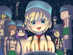 Rule 34 | 1girl, alice margatroid, basin, between breasts, blueberry (5959), breasts, cake, candle, cleavage, female focus, food, gigantic breasts, huge breasts, kokeshi, lonely, necktie, patchouli knowledge, solo, suspenders, touhou, what