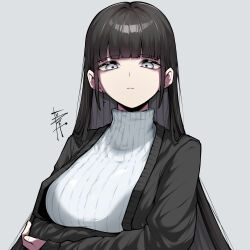 Rule 34 | 1girl, absurdres, arms under breasts, black hair, black jacket, blunt bangs, breasts, closed mouth, crossed arms, earrings, epeulu (ate5424), grey background, grey eyes, highres, jacket, jewelry, large breasts, long hair, long sleeves, looking at viewer, original, ribbed sweater, signature, simple background, solo, sweater, turtleneck, turtleneck sweater, upper body, white sweater