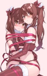 Rule 34 | 2girls, arm around waist, asymmetrical docking, beige background, bikini, blush, bound, bow, breast press, breasts, brown eyes, brown hair, christmas, closed mouth, elbow gloves, feet out of frame, fur choker, fur trim, gloves, hair between eyes, hair bow, hair ornament, highres, idolmaster, idolmaster shiny colors, incest, kanzarin, long hair, looking at viewer, looking back, medium breasts, multiple girls, osaki amana, osaki tenka, pink ribbon, pom pom (clothes), pom pom hair ornament, red bikini, red bow, red gloves, ribbon, siblings, sidelocks, simple background, sisters, sitting, sitting on person, smile, swimsuit, tied up, twintails, yuri