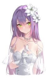 Rule 34 | 1girl, absurdres, blush, breasts, bug, butterfly, butterfly on hand, collarbone, dress, fang, flower, gloves, green eyes, hair flower, hair ornament, highres, hololive, insect, long hair, looking at viewer, medium breasts, multicolored hair, pink hair, purple hair, rei (9086), skin fang, solo, streaked hair, tokoyami towa, virtual youtuber, white background, white dress, white flower, white gloves