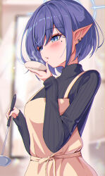 Rule 34 | alternate costume, aoi (blue archive), apron, black sweater, blue archive, blue eyes, blue halo, blush, breasts, halo, highres, holding, holding ladle, ladle, large breasts, long sleeves, mole, mole under eye, parted lips, pointy ears, purple hair, ribbed sweater, short hair, sweater, tarako (tarakopng), uniform, yellow apron