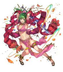 Rule 34 | 1girl, armpits, breasts, cleavage, feet, female focus, fire emblem, fire emblem: genealogy of the holy war, fire emblem heroes, full body, green eyes, green hair, highres, holding, holding sword, holding weapon, lene (fire emblem), long hair, matching hair/eyes, medium breasts, midriff, navel, nintendo, official art, pelvic curtain, sandals, smile, solo, sword, thigh strap, toes, transparent background, weapon, yoshiku (oden-usagi)