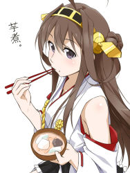 Rule 34 | 10s, 1girl, ahoge, bare shoulders, blue eyes, blush, bowl, brown hair, chopsticks, detached sleeves, food, food on face, hair ornament, hairband, headgear, japanese clothes, kantai collection, kongou (kancolle), long hair, looking at viewer, personification, skirt, solo, translation request, youkan