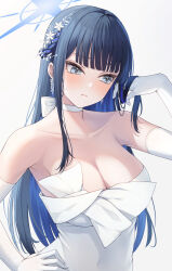 Rule 34 | 1girl, bare shoulders, black hair, blue archive, blue eyes, blue hair, blue halo, blush, braid, breasts, cleavage, closed mouth, collarbone, colored inner hair, commentary request, dress, earrings, elbow gloves, french braid, gloves, hair ornament, halo, hand on own hip, hand up, highres, jewelry, large breasts, looking to the side, multicolored hair, official alternate costume, primamiya, saori (blue archive), saori (dress) (blue archive), simple background, solo, strapless, strapless dress, white background, white dress, white gloves