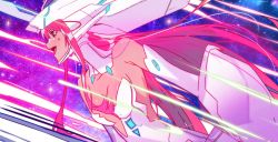 Rule 34 | 1girl, absurdres, ayumeyatto, bare shoulders, darling in the franxx, facing to the side, highres, laser, long hair, mecha musume, pink hair, profile, red eyes, solo, space, star (sky), strelizia, strelizia apus, strelizia true apus, zero two (darling in the franxx)