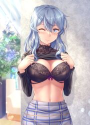Rule 34 | 1girl, black bra, black shirt, blue eyes, blue hair, blush, bra, breasts, cleavage, clothes lift, gotland (kancolle), gotland andra (kancolle), grey skirt, hair between eyes, kantai collection, large breasts, lifted by self, long hair, long sleeves, looking at viewer, mole, mole under eye, navel, official alternate costume, one eye closed, outdoors, presenting, ryu-akt, shirt, shirt lift, sidelocks, skirt, smile, solo, tree, underwear, wink