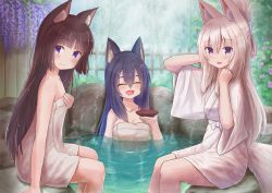 Rule 34 | 3girls, :d, ^ ^, animal ear fluff, animal ears, bare arms, bare shoulders, black hair, blue eyes, blush, breasts, brown hair, cat ears, cleavage, closed eyes, closed mouth, collarbone, commentary request, cup, fang, fence, flower, folded ponytail, fox ears, grey hair, hair between eyes, hands up, highres, iroha (iroha matsurika), japanese clothes, kimono, koyoi (iroha (iroha matsurika)), kunoichi-chan (iroha (iroha matsurika)), long hair, medium breasts, multiple girls, mutsuki (iroha (iroha matsurika)), naked towel, onsen, open mouth, original, partially submerged, purple eyes, purple flower, sakazuki, short sleeves, smile, towel, very long hair, water, white kimono, wide sleeves