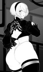 Rule 34 | 1girl, 2b (nier:automata), absurdres, ass, back cutout, clothing cutout, commentary request, cowboy shot, greyscale, hairband, haseru (ginku mh), highres, huge ass, juliet sleeves, long sleeves, looking at viewer, looking back, monochrome, nier:automata, nier (series), no blindfold, panties, puffy sleeves, short hair, solo, thighhighs, underwear