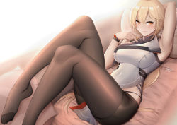 Rule 34 | 1girl, absurdres, armpits, arms up, black pantyhose, blonde hair, blush, braid, breasts, china dress, chinese clothes, dated, dress, feet, french braid, girls&#039; frontline, girls&#039; frontline 2: exilium, highres, legs, long hair, looking at viewer, lying, medium breasts, on back, orange eyes, ots-14 (girls&#039; frontline), panties, panties under pantyhose, pantyhose, signature, simple background, solo, thighs, underwear, white dress, zhishi ge fangzhang