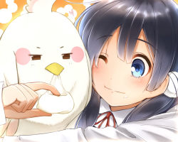 Rule 34 | 10s, 1girl, bird, black hair, blue eyes, blush, blush stickers, cheek-to-cheek, closed mouth, dera mochimazzui, eating, food, food on face, heads together, heart, holding, holding food, kitashirakawa tamako, long hair, looking at viewer, low twintails, minamito, mochi, neck ribbon, one eye closed, orange background, outstretched arm, red ribbon, ribbon, school uniform, simple background, tamako market, twintails, wagashi, white background