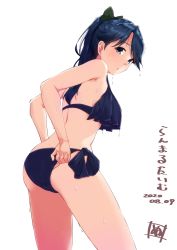 Rule 34 | 1girl, alternate breast size, alternate costume, ass, bare arms, bare shoulders, bikini, blue eyes, blue hair, blush, breasts, commentary request, cowboy shot, from behind, halterneck, highres, houshou (kancolle), kantai collection, long hair, looking at viewer, looking back, parted lips, ponytail, side-tie bikini bottom, simple background, solo, swimsuit, tadokoro nurikabe, wet, white background