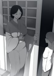 Rule 34 | 1boy, 1girl, arm under breasts, black hair, blush, breasts, closed mouth, commentary request, covering privates, covering crotch, faceless, faceless male, greyscale, highres, japanese clothes, kimono, large breasts, long hair, looking at another, mature female, monochrome, nakamura regura, open door, original, parted bangs, sash, sexually suggestive, shirt, standing, sweatdrop, t-shirt, wide sleeves, you gonna get raped
