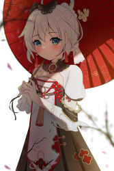 Rule 34 | 1girl, absurdres, black dress, blue eyes, blurry, blurry foreground, blush, branch, closed mouth, depth of field, dress, floral print, grey hair, hair between eyes, highres, holding, holding umbrella, honkai (series), honkai impact 3rd, knosdeba, looking at viewer, oil-paper umbrella, petals, print umbrella, red umbrella, short sleeves, simple background, solo, theresa apocalypse, umbrella, white background