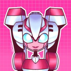 Rule 34 | 1girl, arcee, autobot, backpack, bag, blue eyes, can&#039;t be this cute, colored skin, helmet, humanoid robot, looking at viewer, pink background, pink skin, red lips, robot, solo, sparkpiercer, transformers, transformers animated, upper body